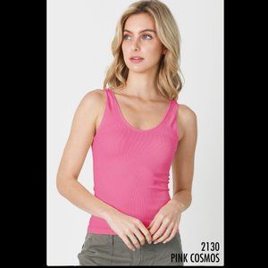 New Deep Pink Reversible Tight Ribbed Vee and Scoop Tank Top